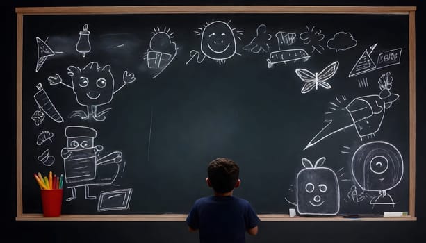 AI generated of a child stands in front of a chalkboard with drawings of things on it