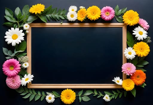 AI generated of flowers and leaves on wooden frame on black background