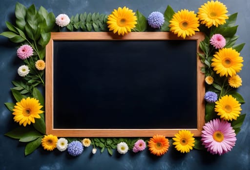 AI generated of blackboard frame with flowers and leaves on a dark background