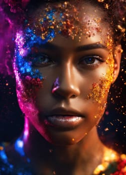 Beautiful young woman with colorfull hair in colorful smoke. ai generative.