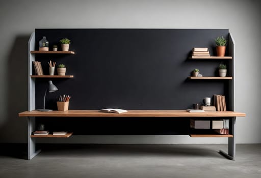AI generated of a desk with shelves and a blackboard