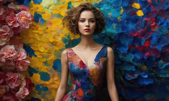 fashion photo of beautiful woman in a long luxurious dress posing. ai generative.