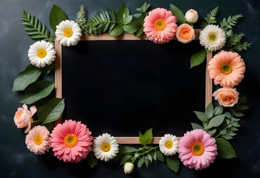 AI generated of flower frame with blackboard on a blackboard background