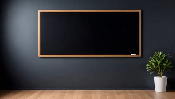 AI generated of blackboard in empty room with wooden floor and potted plant