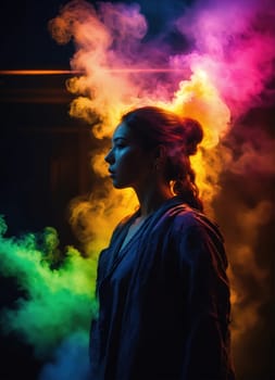 Beautiful young woman with colorfull hair in colorful smoke. ai generative.