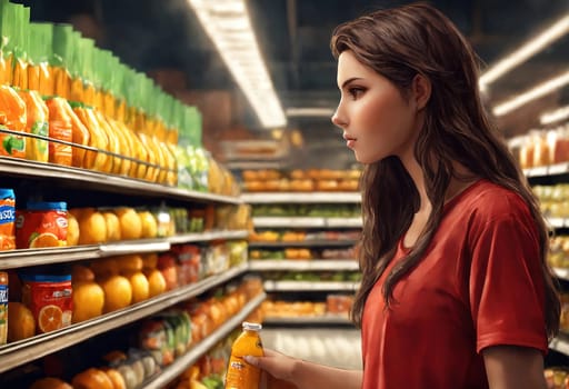 The beautiful woman is looking at the shelves to buy something from the supermarket. ai generative.