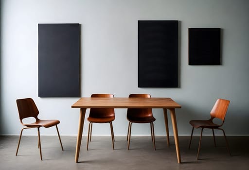 AI generated of a dining table with four chairs and a black wall