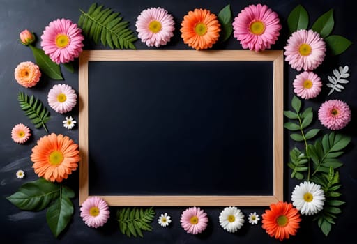 AI generated of blackboard frame with flowers and leaves on a blackboard background