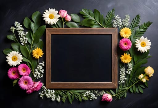 AI generated of flowers and leaves surround a blackboard frame on a black background