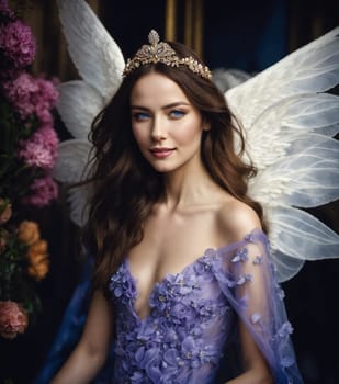 Beautiful young woman in a purple dress with make up and flowers. Beauty, fashion. ai generative.