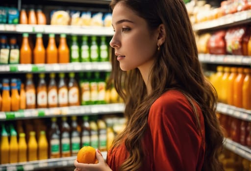 The beautiful woman is looking at the shelves to buy something from the supermarket. ai generative.
