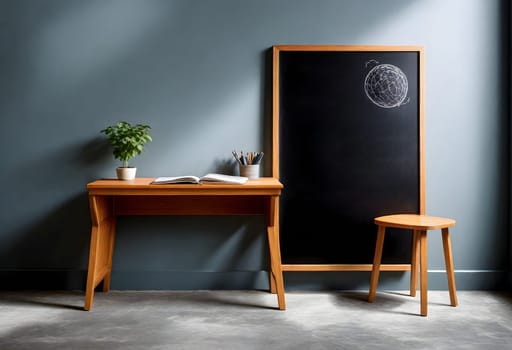 AI generated of a desk with a chalkboard and a chair
