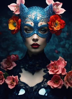 Portrait of a beautiful young woman with bright make up and Venetian mask. ai generative.