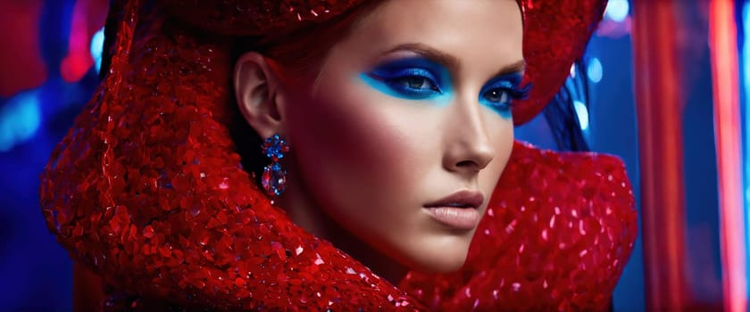 Futuristic woman with red hair in futuristic costume. ai generative.