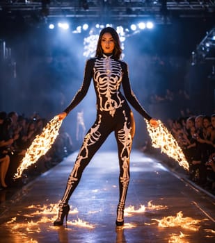 Beautiful young woman in skeleton costume posing. ai generative.