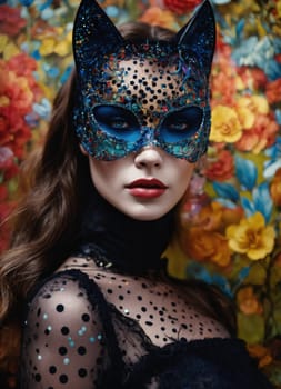 Portrait of a beautiful young woman with bright make up and Venetian mask. ai generative.