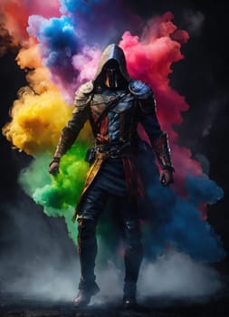 Beautiful young man with colorfull hair in colorful smoke. ai generative.