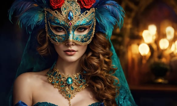 Beautiful young woman in a Venetian mask at the masquerade. ai generative.
