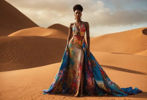 fashion photo of beautiful woman in a long luxurious dress posing. ai generative.