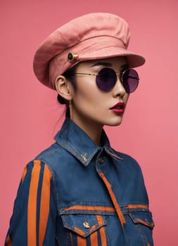 Fashion portrait of young beautiful asian woman with short hairstyle and sunglasses in a stylish dress. ai generative.