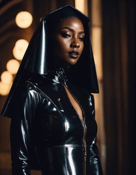 attractive african american woman in latex costume looking at camera. ai generative.