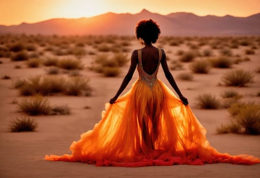 fashion photo of beautiful woman in a long luxurious dress posing. ai generative.