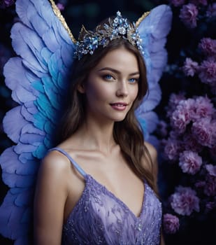 Beautiful young woman in a purple dress with make up and flowers. Beauty, fashion. ai generative.