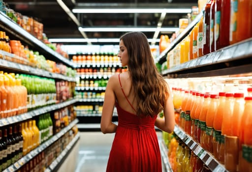 The beautiful woman is looking at the shelves to buy something from the supermarket. ai generative.