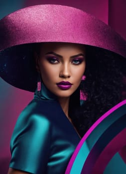 fashion photo of beautiful girl on the blue, green and purple background. ai generative.