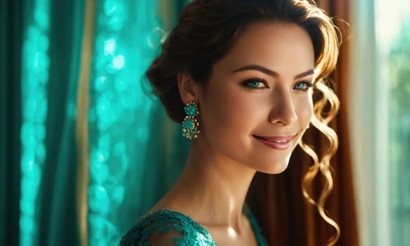 Beautiful girl in a blue evening turquoise dress posing. ai generative.