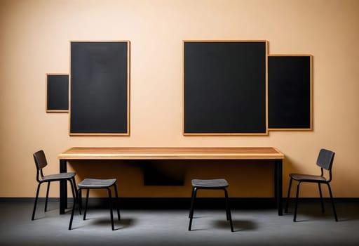 AI generated of a table with chairs and four blackboards