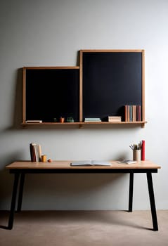 AI generated of a desk with a blackboard and books on it