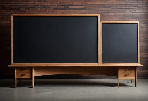 AI generated of a blackboard and two desks in front of a brick wall
