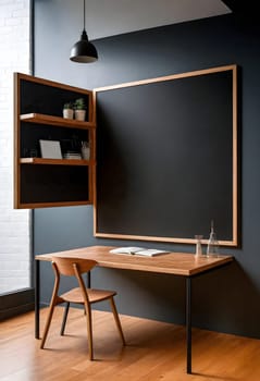 AI generated of a desk with a blackboard and chair in front of a wall