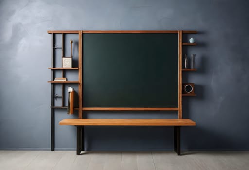 AI generated of a blackboard and a wooden bench in front of a wall