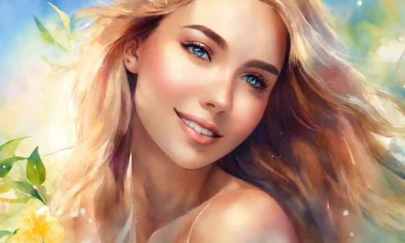 close up of beautiful woman smiling.  summer holidays, vacation, travel and people concept. ai generative.