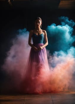 Beautiful young woman with colorfull hair in colorful smoke. ai generative.