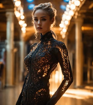 Beautiful young woman in skeleton costume posing. ai generative.