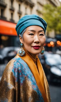 60 year old Asian female model in Paris Fashion Week. ai generative.