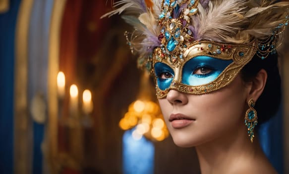 Beautiful young woman in a Venetian mask at the masquerade. ai generative.
