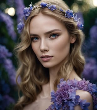 Beautiful young woman in a purple dress with make up and flowers. Beauty, fashion. ai generative.