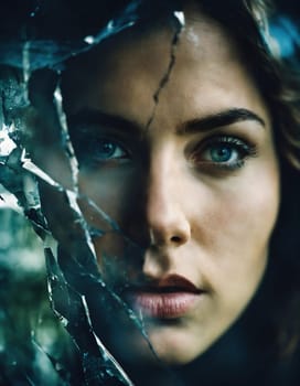 Close up shot of a beautiful woman's eye through broken glass. ai generative.