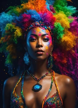 Beautiful young woman with colorfull hair in colorful smoke. ai generative.