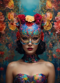 Portrait of a beautiful young woman with bright make up and Venetian mask. ai generative.