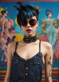 Fashion portrait of young beautiful asian woman with short hairstyle and sunglasses in a stylish dress. ai generative.