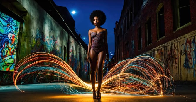 Beautiful african american woman with afro hairstyle and outlined in light. ai generative.
