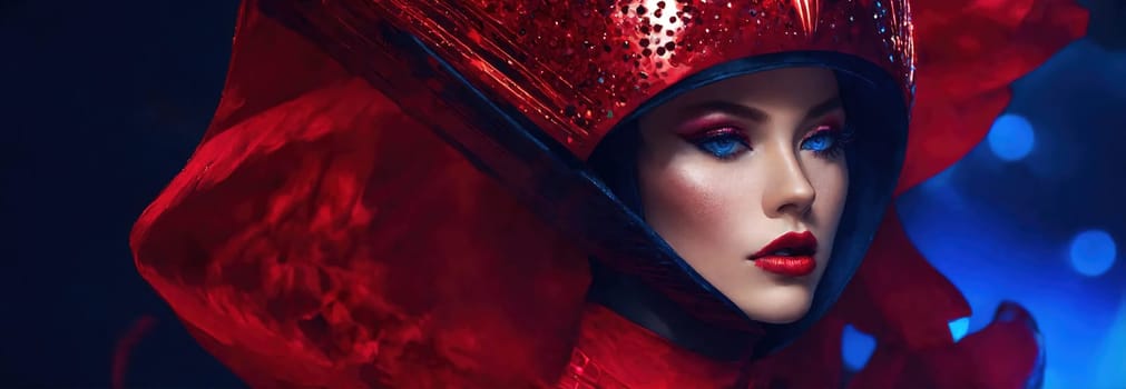 Futuristic woman with red hair in futuristic costume. ai generative.