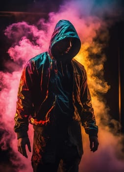 Beautiful young man with colorfull hair in colorful smoke. ai generative.
