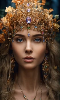 Portrait of beautiful young woman in crown. Luxury makeup and hairstyle. ai generative.