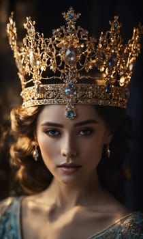 Portrait of beautiful young woman in crown. Luxury makeup and hairstyle. ai generative.